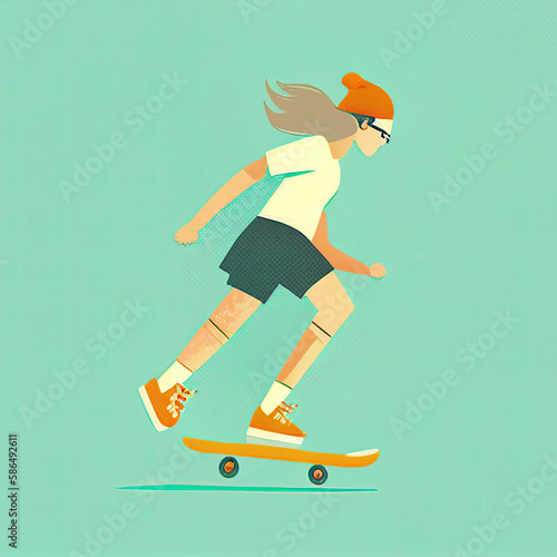 woman skateboarding flat illustration generative AI
