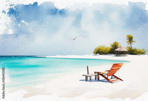 Beautiful tranquil white sand beach with beach chair generative AI