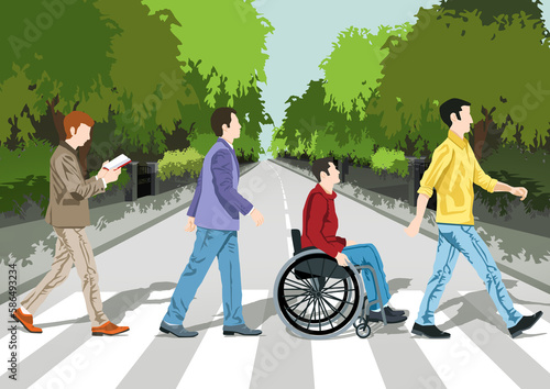 Quatre hommes traversant une rue, l'un d'entre eux est en fauteuil roulant.