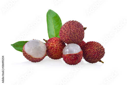 Lychee with leaves isolated on white background.
