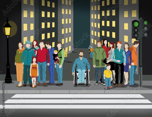 Une personne seule en fauteuil roulant qui attend pour traverser la rue au milieu d'autres gens dans une grande ville. Concept inclusion.