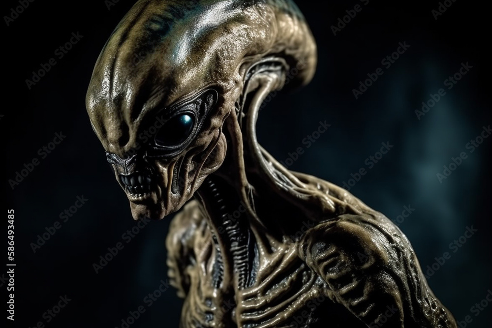 terrifying alien portrait on black background, created with Generative AI Technology