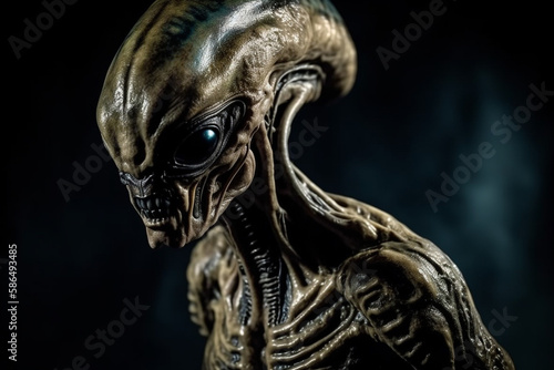 terrifying alien portrait on black background, created with Generative AI Technology
