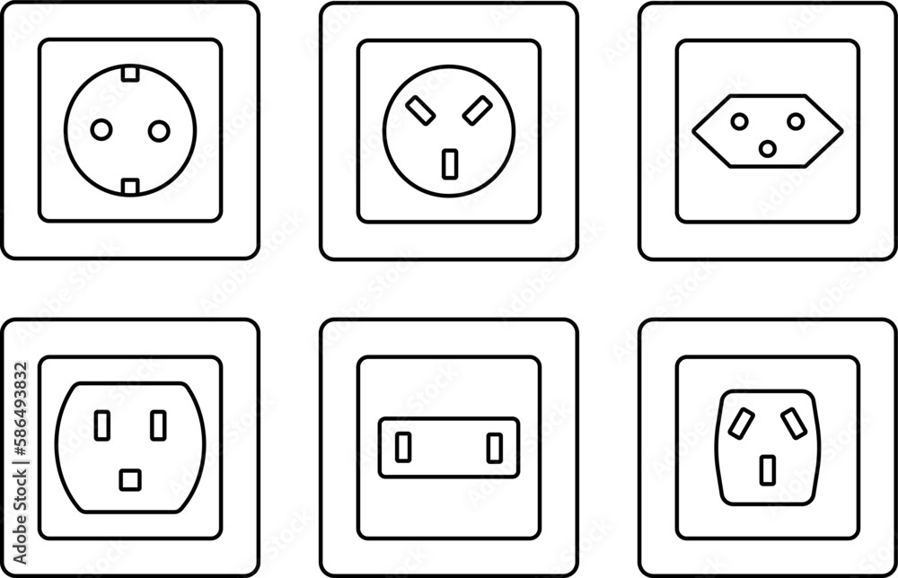 Electrical outlet icon. Different type power socket set. Stock Vector