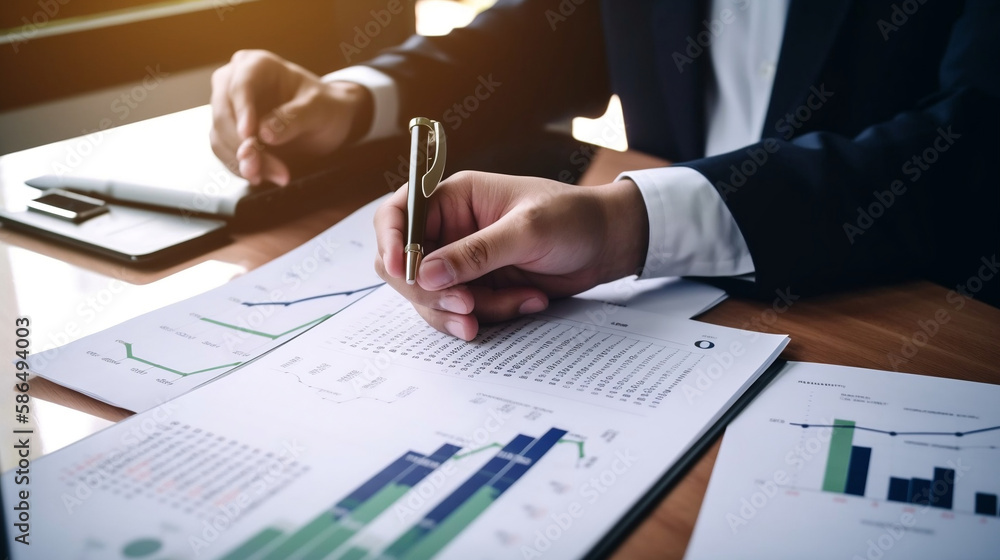 Business growing in 2023. Businessman hand typing notebook (Laptop) with virtual increasing technical graph and up arrow for trader analysis. Generative AI. Business growing in 2023. Businessman hand typing notebook (Laptop) with virtual increasing technical graph and up arrow for trader analysis. Generative AI.
