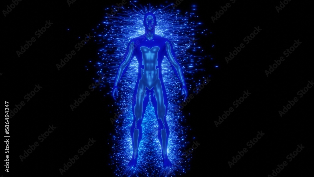 Glowing man with electric energy stream background. Silhouette of male surrounded with sparkling blue energy field.  3d render illustration. 