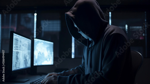 Dangerous Hooded Hacker Breaks into Government Data Servers and Infects Their System with a Virus. His Hideout Place has Dark Atmosphere, Multiple Displays, Cables Everywhere. Generative AI.