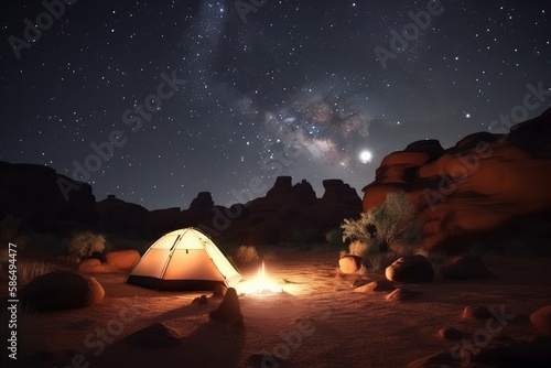 Motion time lapse of night sky milky way camping in the desert. Generative ai