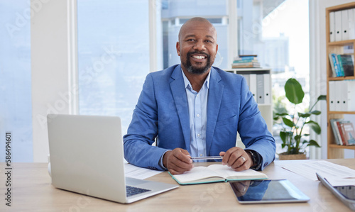 Black man, portrait and laptop for notebook finance, investment growth or savings budget in financial business office. Smile, happy or mature corporate person with technology or accounting paper