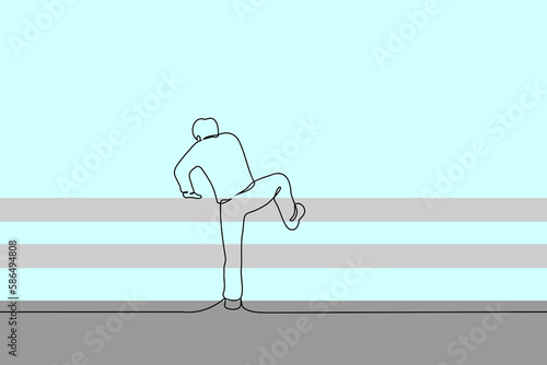 man climbing over bridge railing - one line drawing vector. concept save a drowning man, suicide