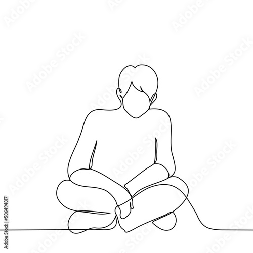 man sitting on the floor with crossed legs - one line drawing vector. concept pose in Turkish