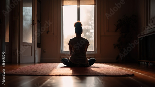 A person sits cross-legged in a cozy peaceful room with soft lighting, practicing meditation or mindfulness. The focus is on their body posture and the calm atmosphere.