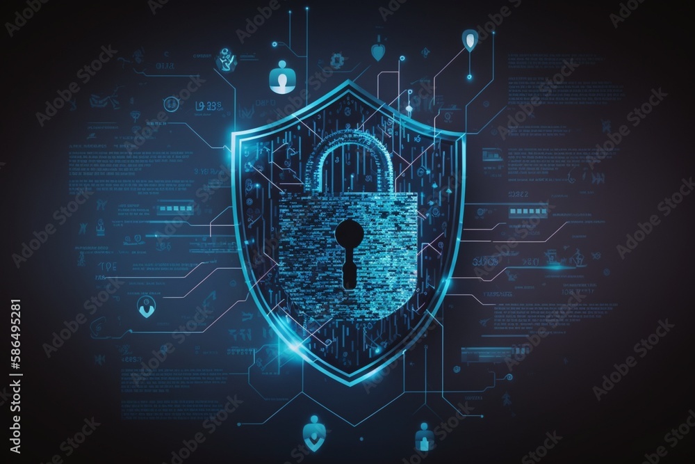 Fototapeta premium Digital padlock icon, a cyber security network, and data protection technologies. To protect against cybercrime, online internet access must be approved, generative ai