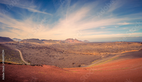 View on the desolate volcanic landscape of Timanfaya National Park on Lanzarote