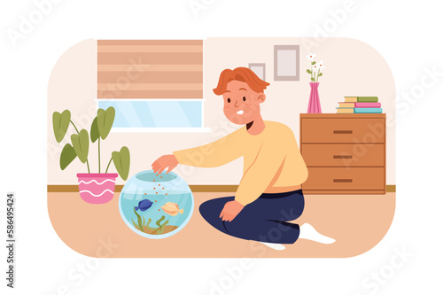 Kid feeding fish kids concept with people scene in the flat cartoon style. Boy takes care of pet fish and poured feed into the aquarium. Vector illustration.