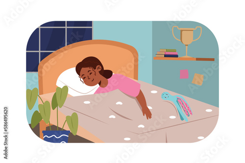 Good night kids concept with people scene in the flat cartoon style. Girl sleeps in a cozy room with her toy. Vector illustration.