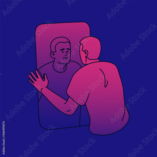 Apathy and depression, psychology concept. Depressed desperate unhappy sad man looking at mirror reflection. Low self-esteem, hopelessness, psychological mental problem. Flat vector illustration