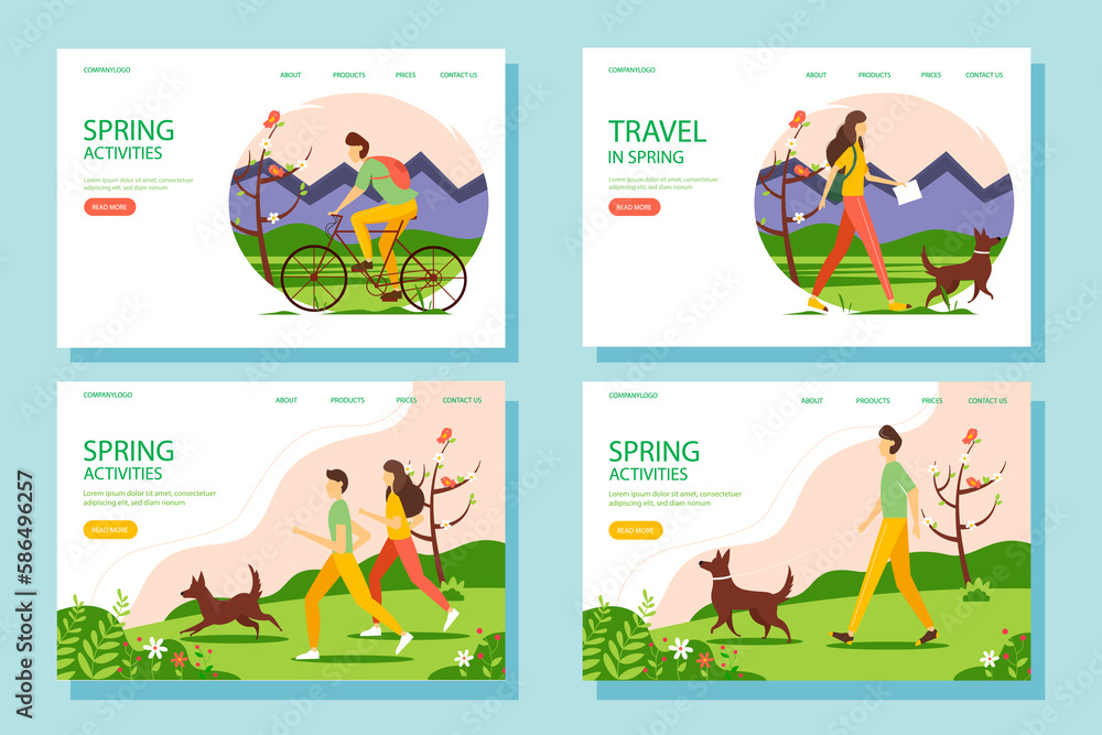 Landing page templates with people in spring. The concept of an active and healthy lifestyle. Illustration. Landing page templates with people in spring. The concept of an active and healthy lifestyle. Illustration.
