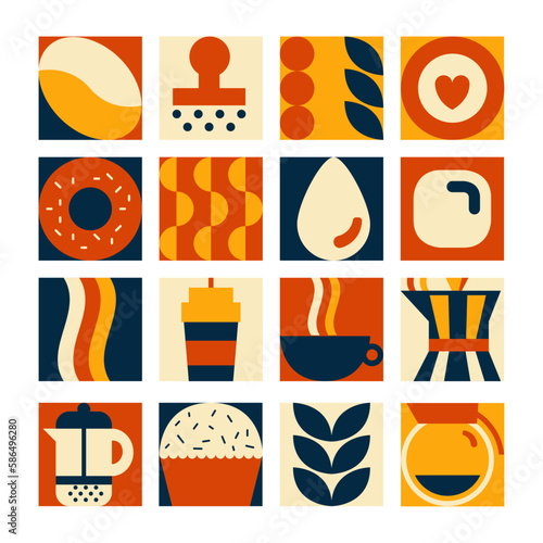 Set di icone illustrate di elementi richiamanti il caffè