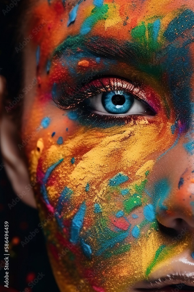Close-up of Colorful Make-up Model, Generative AI