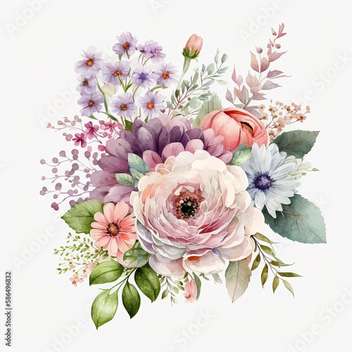 Watercolor colorful flowers bouquet isolated on white background. Wedding invitation. Ai generated