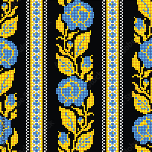 Realistic Cross-Stitch Embroideried Seamless Pattern with Roses. Ethnic Motif, Handmade Stylization. Traditional Ukrainian Yellow and Blue Embroidery. Ethnic Design Element. Vector 3d Illustration