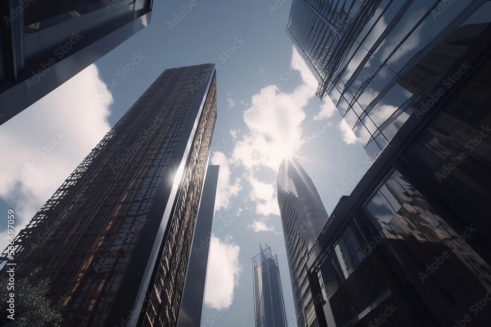 Sunlit Skyscraper. Captivating Business Cityscape with Towering Skyline as Background