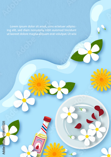 Fototapeta Naklejka Na Ścianę i Meble -  Top view of flowers and silver bowl on water and blue background. Poster of Songkran water festival in vector design.