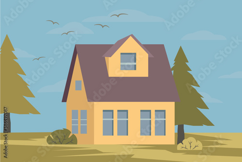 Cozy village house with triangle roof and windows surrounded by lush green summer trees park. Cosiness hut in forest wilderness garden landscape. Home building at eco nature scenery flat vector