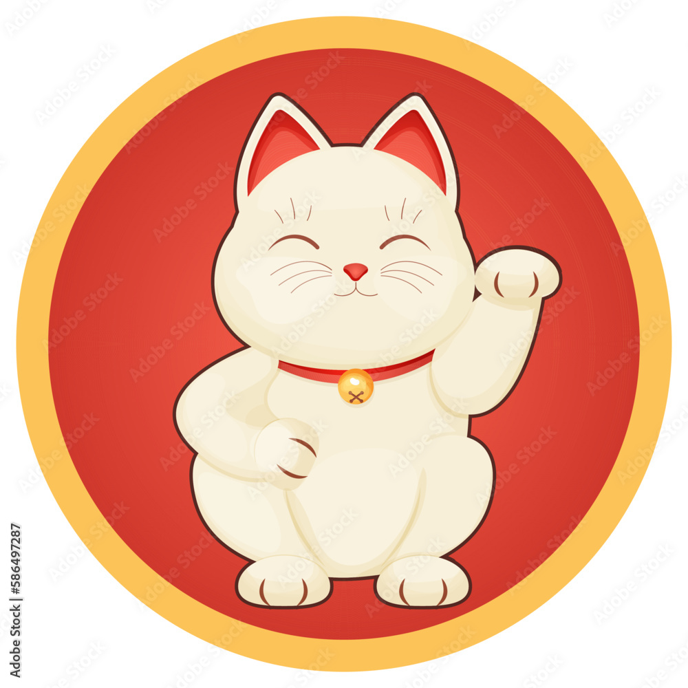 Maneki neko cat tradition figure lucky symbol, pet with collar and bell in cartoon style isolated on white background Maneki neko cat tradition figure lucky symbol, pet with collar and bell in cartoon style isolated on white background
