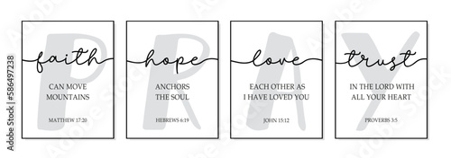 Faith, Hope, Love, Trust. Bible religious vector quote. Lettering typography poster christian words: hope, faith, love, trust. Design frame. Pray Vector word illustration. Wall decor art sign bedroom