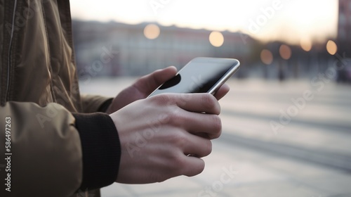 Close up of a man using mobile smart phone in the city.generative Ai