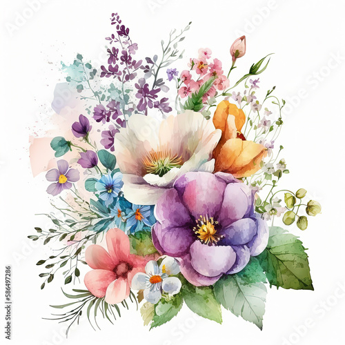Watercolor colorful flowers bouquet isolated on white background. Botanical illustration. Ai generated