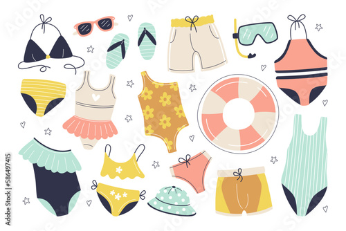 Children swimwear flat illustrations set. Underwear clothes for swimming. One-piece swimwear, bikini, bra