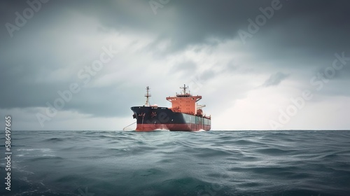 Low angle view on huge fuel tanker ship in the sea. Generative AI © AngrySun
