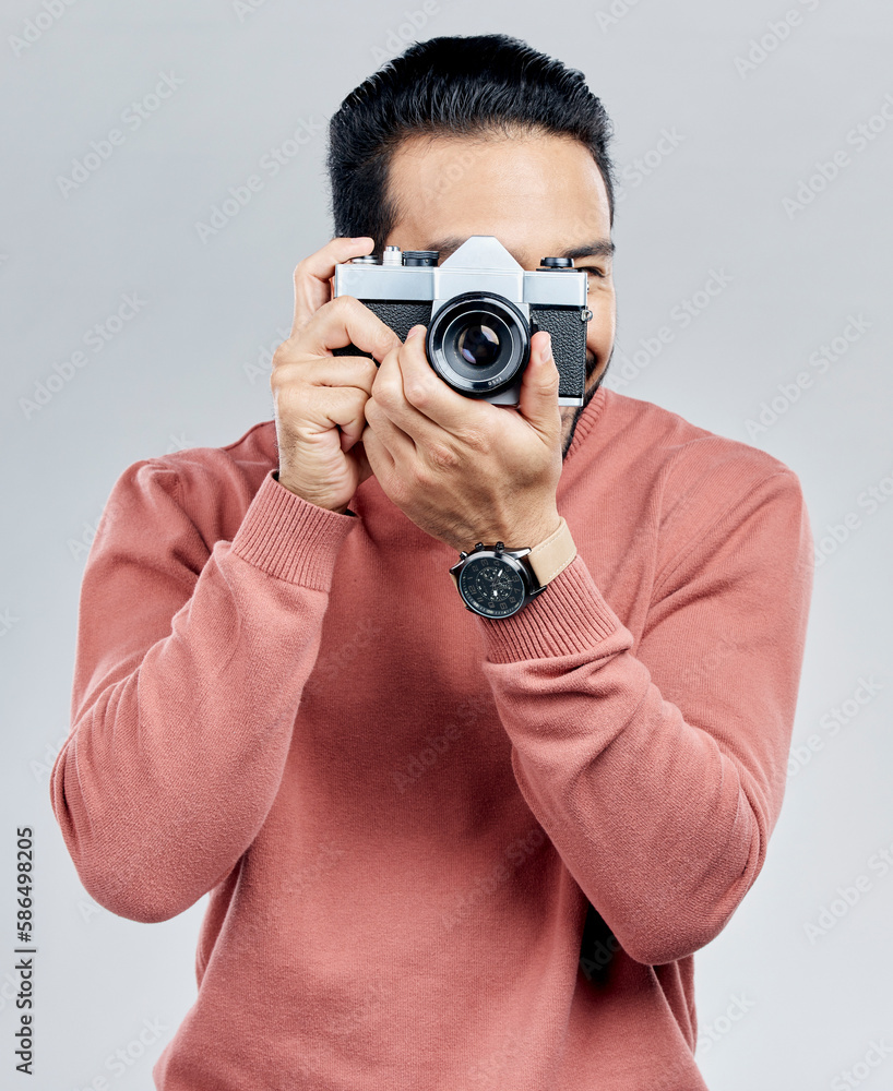 Man with camera, photography and artist, taking picture with art isolated on white background. Photographer, focus with lens and creativity with vintage technology and creative male in studio Man with camera, photography and artist, taking picture with art isolated on white background. Photographer, focus with lens and creativity with vintage technology and creative male in studio