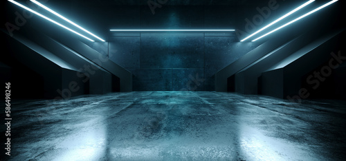Fototapeta Naklejka Na Ścianę i Meble -  Alien Sci Fi Futuristic Spaceship Hangar Big Concrete Cement Asphalt Basement Hallway Studio Lights Showroom Realistic Bunker Garage 3D Rendering