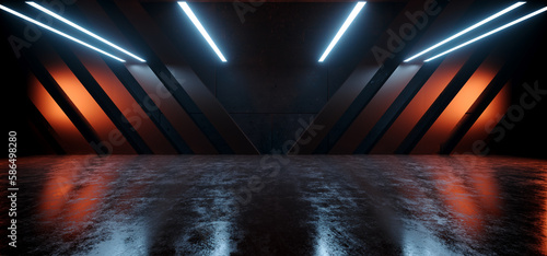 Fototapeta Naklejka Na Ścianę i Meble -  Alien Sci Fi Futuristic Columns Spaceship Blue Red Lights Hangar Big Concrete Cement Asphalt Basement Hallway Studio Showroom Bunker Garage 3D Rendering