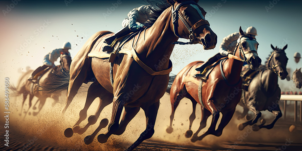 A horse racing game. Horses in action - Generative AI
