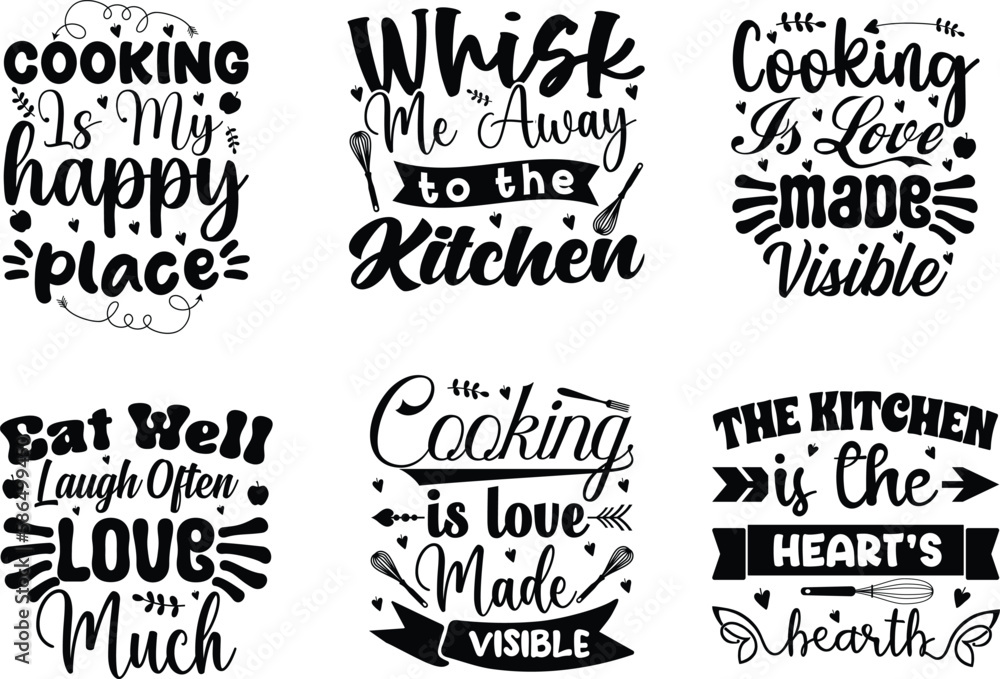 6 cooking and kitchen lover quotes t shirt design bundle with svg and calligraphy stylish font