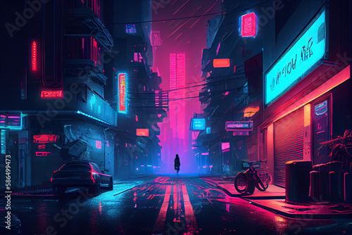 City in virtual reality, cyberpunk city street in neon lights © neirfy