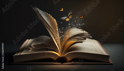 Bookmark flying out of an open book. Generative Ai. © 121icons