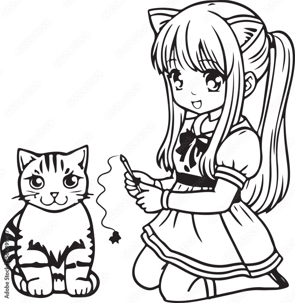 Happy girl plays with a cat. Coloring book for children Happy girl plays with a cat. Coloring book for children
