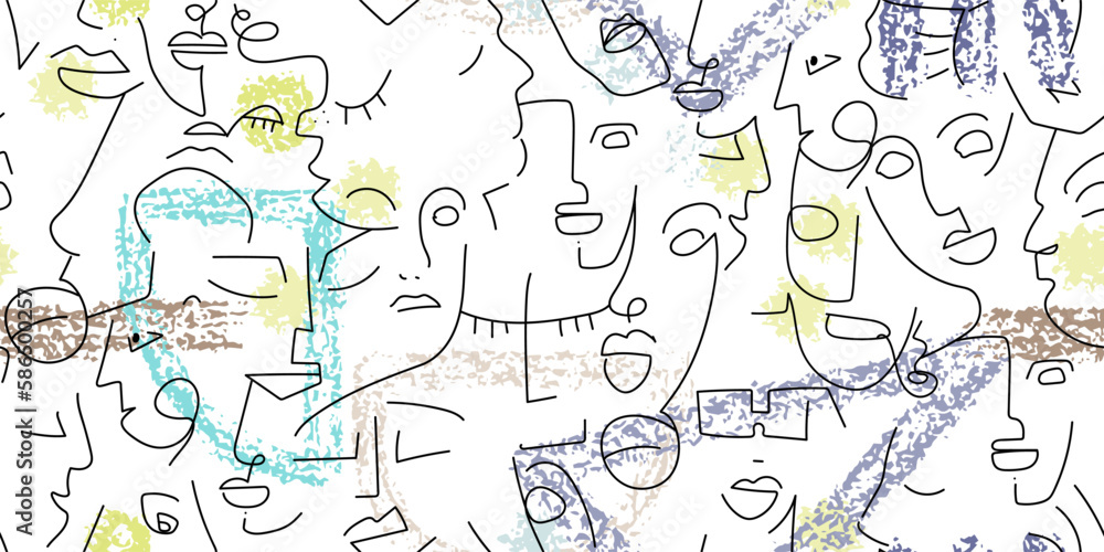 One line drawing. Abstract face seamless pattern. One line drawing. Abstract face seamless pattern.