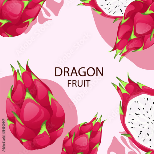Background with dragon fruit. Ripe, juicy pitahaya fruits.Fresh, healthy fruits.Vector illustration.