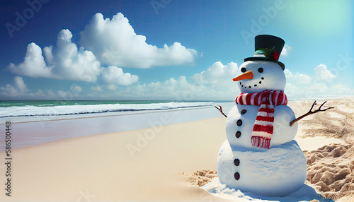 Sandy Christmas Snowman is celebrating Christmas on a beautiful beach with Generative AI Technology