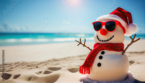 Smiling sandy Snowman in red Santa hat and sunglasses at sunny tropical beach. concept for travel destinations with Generative AI Technology