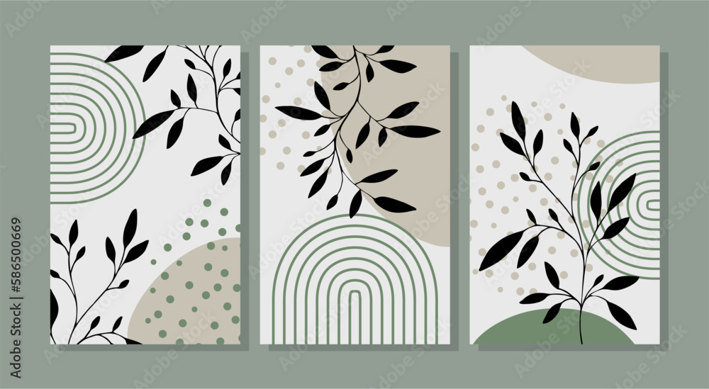 Botanical green wall art vector set. Boho foliage line art drawing with ...