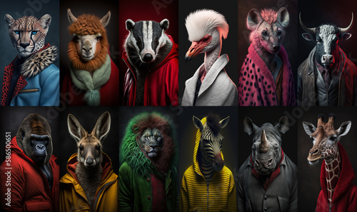 Fototapeta Naklejka Na Ścianę i Meble -  Set of portraits with animals in a modern fashion suits at the studio