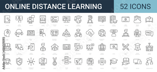 Set of 52 line icons related to e-learning, remote studying, distance education. Outline icons collection. Editable stroke. Vector illustration.